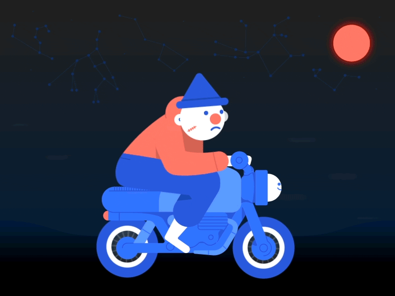 Wheeling mountains blue constellations stars sun red happy sad night road motorcycle wheeling