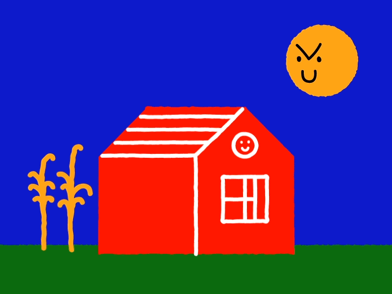 Red House alone blue cloud farm grass green house plant red sky smile yellow
