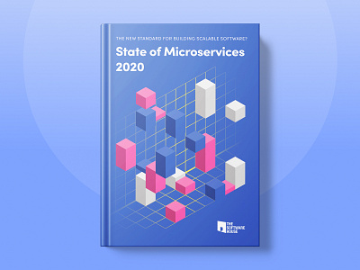 Cover of "State of Microservices 2020" report blue brand clean geometric illustration microservices minimalist typography ui
