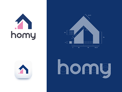 homy logo - construction blue brand brand and identity branding construction estate agency geometric home homely logo logotype mark pink typography