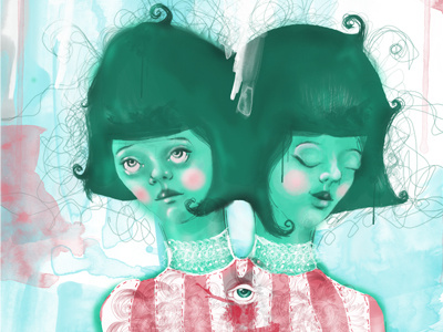 Dribbble 21 green illustration red siamese sisters twins watercolor