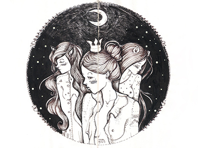 Dribbble 241 art elena greta girls illustration ink nymphs on paper portrait three