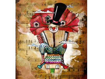 Dribbble29 accordion birds clown hat house illustration inscariotteh red tree watercolor