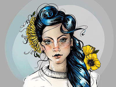 Blu blue branding elena-greta girl hair illustration portrait procreate sketch