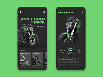 Bajaj Mobile App Concept design adobe xd automobile bike app dark dark ui mobile app mobile app design product design ui uidesign uiux