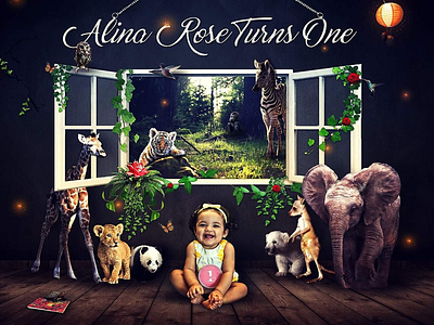Alina Turns 1 animals design graphic invitation photo manipulation postcard print
