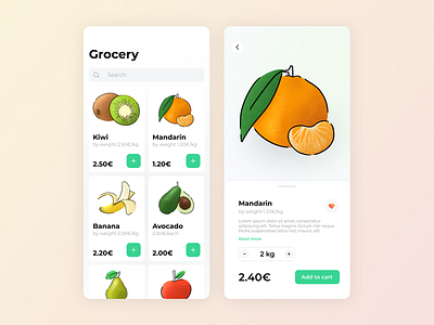Grocery Organic Fruits App Design app basket design fruits grocery icon illustration market mobile organic shopping ui ux vector