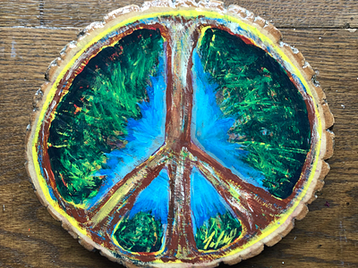 Peace painting sign on wood art instructor painting class peace sign trees wood painting