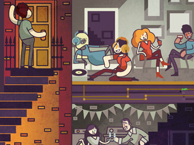 Party In The Basement characters cutaway design house illustration infographic people