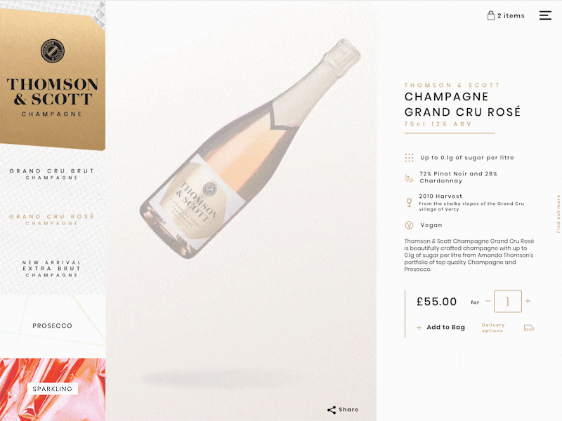 Thomson & Scott Floating Bottle animation bottle branding champagne classy creative design e commerce fancy gif web design website