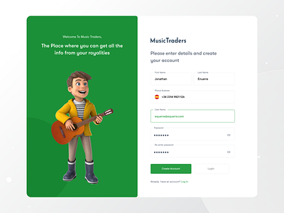 MusicTraders Create Account UI 3d illustration account create clean ui minimal signup product signup registration ui signin signup uiux user management process ux