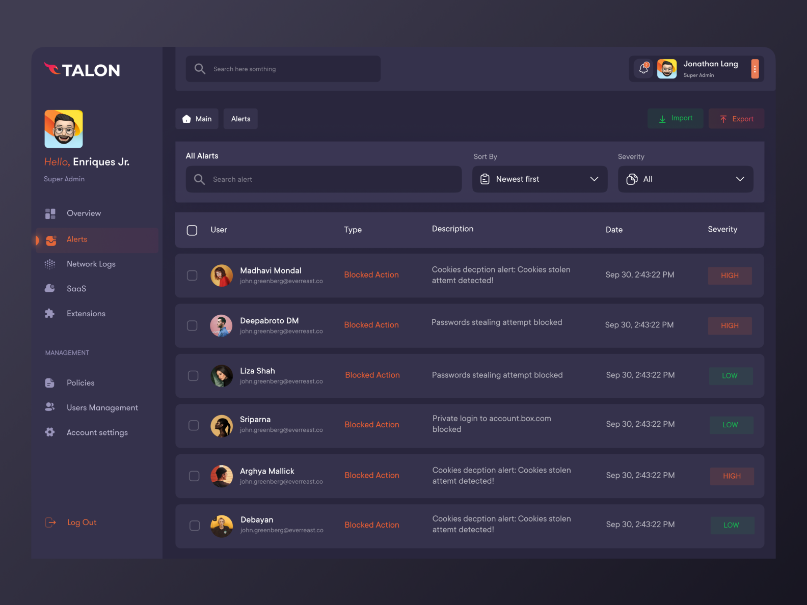Talon Web App Alerts Screen UI by Khondokar Likhon on Dribbble