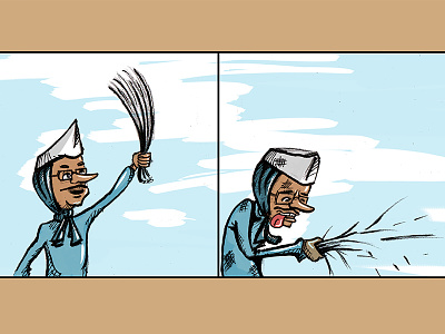 Arvind Kejriwal With Broom aam aadmi cartoon character design funny illustration indian political politics sarkar