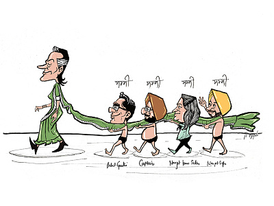 Politician Walking Behind Sonia Gandhi caricature cartoon cartoons character design funny illustration indian political politics sarkar vector