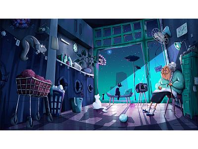 Laundry Shop animation art background cartoon cartoon character cat character characterdesign conceptart design environment film illustration lady laundryshop old