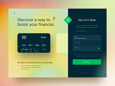 Crux Payments card customise david ofiare form glow landing page naija sign up uiux web design