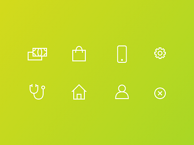 Category Icons close health home money personal settings shopping technology