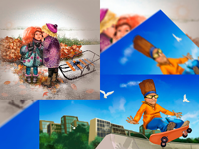 illustration for a Shoe company autumn child children design game girl and boy graphics illustration sled winter