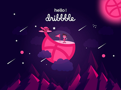 Hello Dribbble ! 1st short debut dribbble hello illustration invite planet space stars