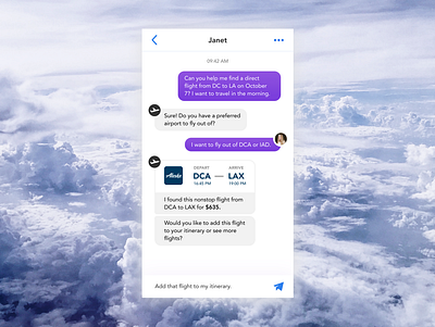 Daily UI #013: Direct Messaging booking chat app chatbot daily ui dailyui direct message flight purple ticket ui user interface