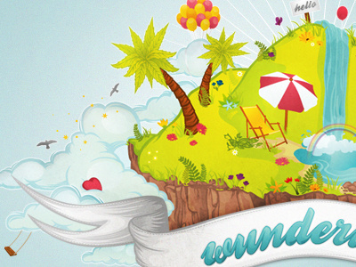 Wunderland 6wunderkinder artcore balloon cloud dream event illustration island palmtree rainbow ribbon sky waterfall
