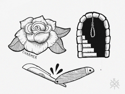 Charmer // Flashset art artcoreillustrations black blood drawing razor rope rose tattoo