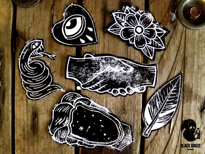 Black Booze Prints Sticker Pack No.1 black booze feather flower friends head heart illustration linoprint print snake sticker