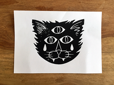 Black Cat. black cat eyes handmade kitten l inocut linoprint print snout tears wood