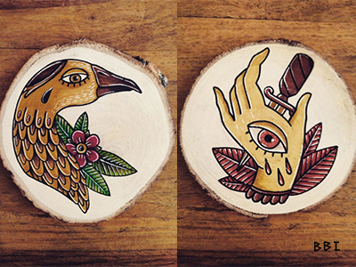 Wood Plates art bird dagger drawing emo flower hand illustration tattoo traditional wood