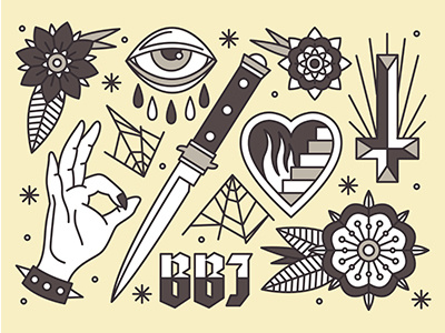 Tattoo Flash blackboozeillustrations cross dagger eye flower hand heart icon illustration logo tattoo vector