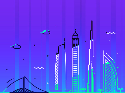 Skyline burj khalifa clouds color design dubai illustration neon skyline uae vector