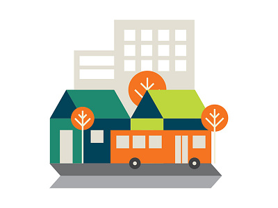 Happy Little Neighborhood building bus community houses icon illustration logo neighborhood street trees