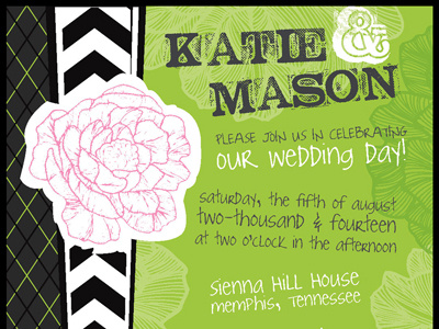 Wedding Invitation_ Green Floral & Plaid chevron design floral green grunge invitation modern pattern plaid typography vintage wedding