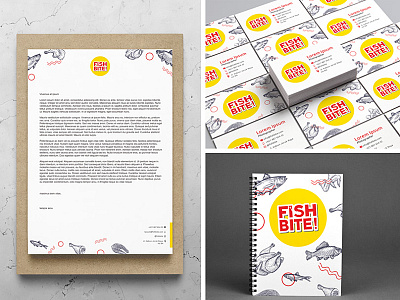 Fish Bite Branding branding design food layout letter head name card note book packaging restaurant stationary