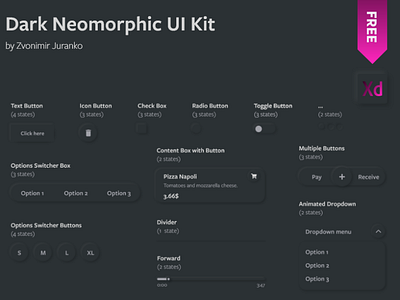 Neomorphic UI Kit for Adobe XD - Dark