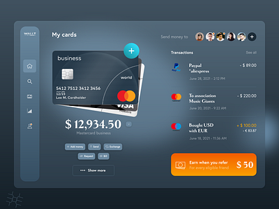 Wallt - Wallet app bank card banking finance glassmorphism ui design wallet app