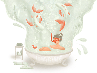 Imagine art artwork bath color fishes flat illustration girl illustration imagine ipadpro ocean procreate stay safe stayhome texture water