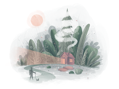 Coming Home art artwork color cozy flat flat illustration forest home illustration plants procreate shack stay safe stayhome texture travel