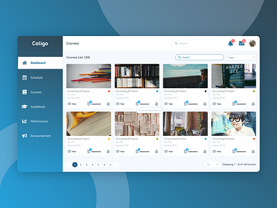 Courses List | LMS app assessment card courses design education experience grades information learning list management pagination social submission ui ux