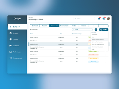 Course Assessments | LMS assessment course create new design dropdown education experience grades information list management segmented social system tabs ui ux