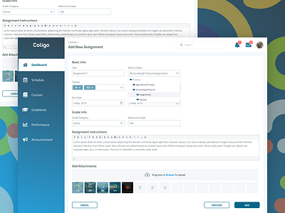 Add New Assignment | LMS 2d add assignment attachments basic design education experience grades information learning management new school setup student teacher ui uiux ux