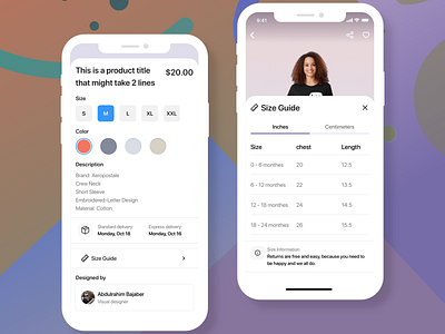 Product Details / Size Guide actions back chart chest color design designer details experience guide inch information like price product size ui ux