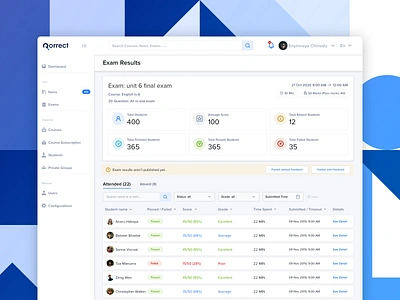 Exam Results design details education experience information learning management student student project student work students submission submit system table teachers toast ui uiux ux