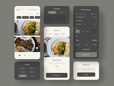 Food Delivery App Concept 100 daily ui 100 day ui challenge clean clean design dark theme dark ui design elegant food app food delivery minimalism mobile app typography ui ui design uiux ux