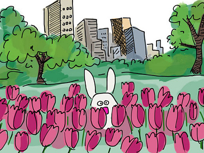 Spring Ahead! bunny cartoon illustration new york rabbit tulips