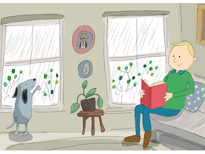 Rainy Day book cartoon dog illustration plant rain