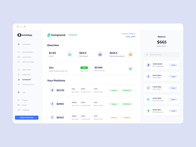 InstaDApp - The Future of Decentralized Banking banking blockchain buttons clean ui contract crypto crypto wallet dapp dashboard data data visualization icons instadapp minimalist pastel colors smart stats ui ux