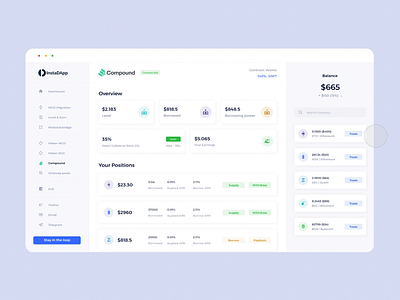 InstaDApp - The Future of Decentralized Banking animation banking blockchain crypto crypto wallet dapps data data visualization defi finance app minimalist pastel colors principle stats token branding tokenization trading transaction transitions wallet