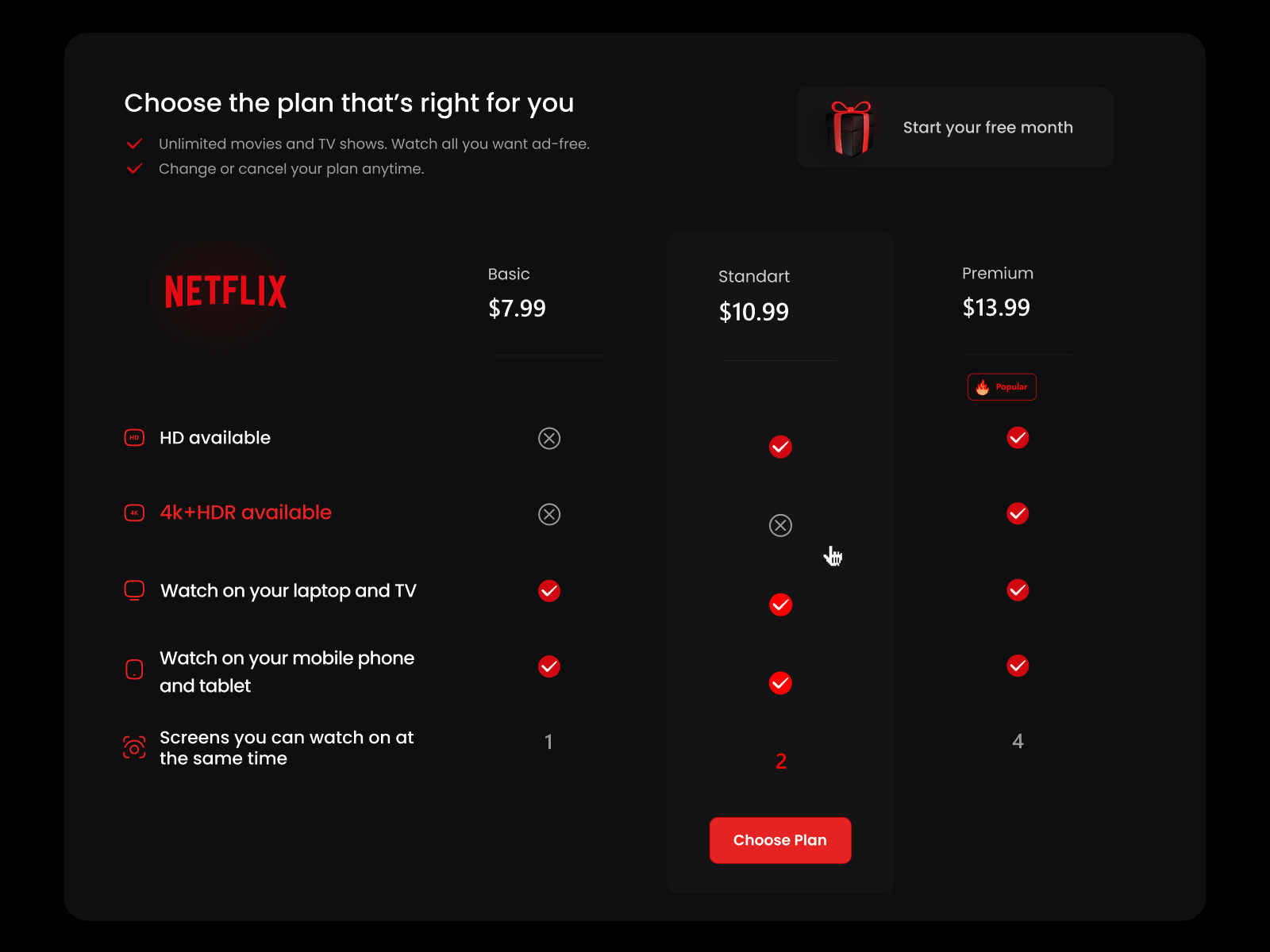 Netflix - Pricing and plans page (Redesign)