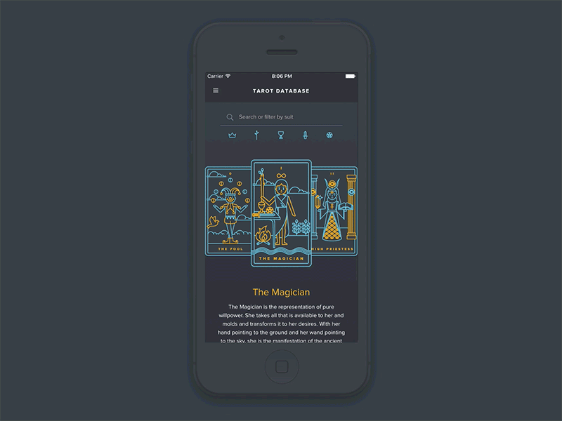 Golden Thread Tarot app cards dark filter illustration iphone menu occult search slider tarot ui